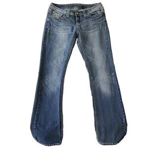 Rock & Roll Cowgirl Women Jeans 7 Blue Denim Lace Embroidery Western 31” inseam